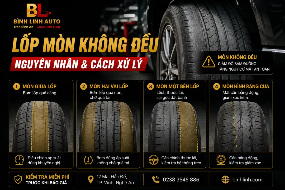 Lốp mòn không đều — Nguyên nhân và cách xử lý