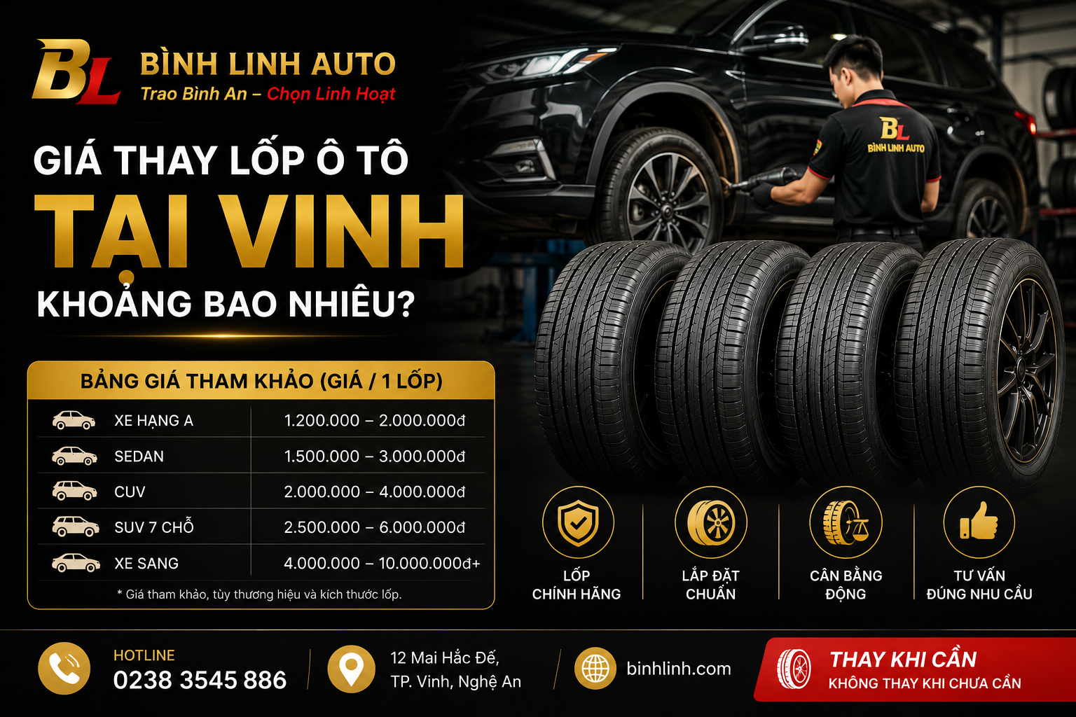 Giá thay lốp ô tô tại Vinh khoảng bao nhiêu? Cập nhật mới nhất