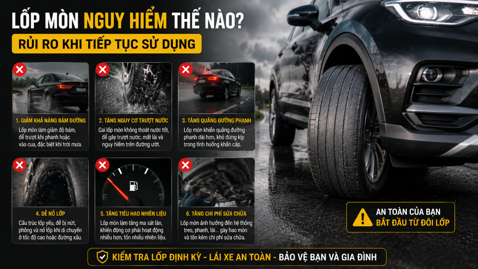 Lốp mòn nguy hiểm thế nào? Rủi ro khi tiếp tục sử dụng