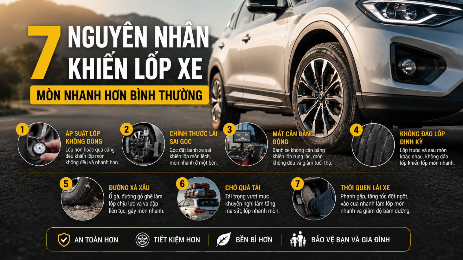 7 Nguyên Nhân Khiến Lốp Xe Mòn Nhanh Hơn Bình Thường